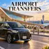 Airport transfers artwork with a black Toyota Alphard outside a modern airport terminal.