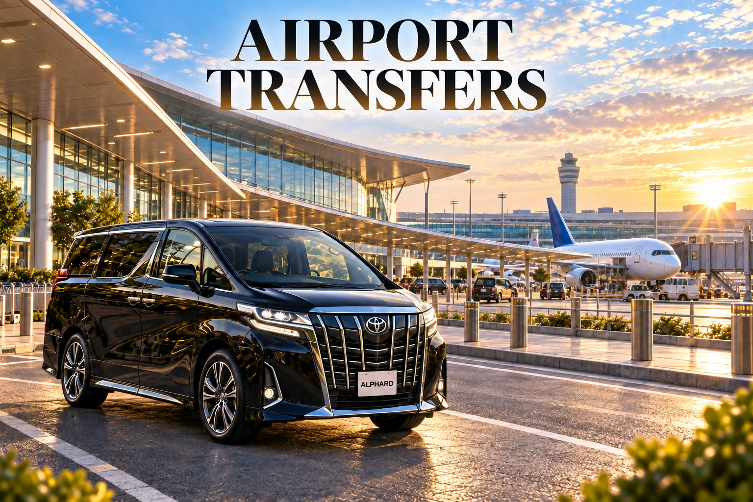Airport transfers artwork with a black Toyota Alphard outside a modern airport terminal.