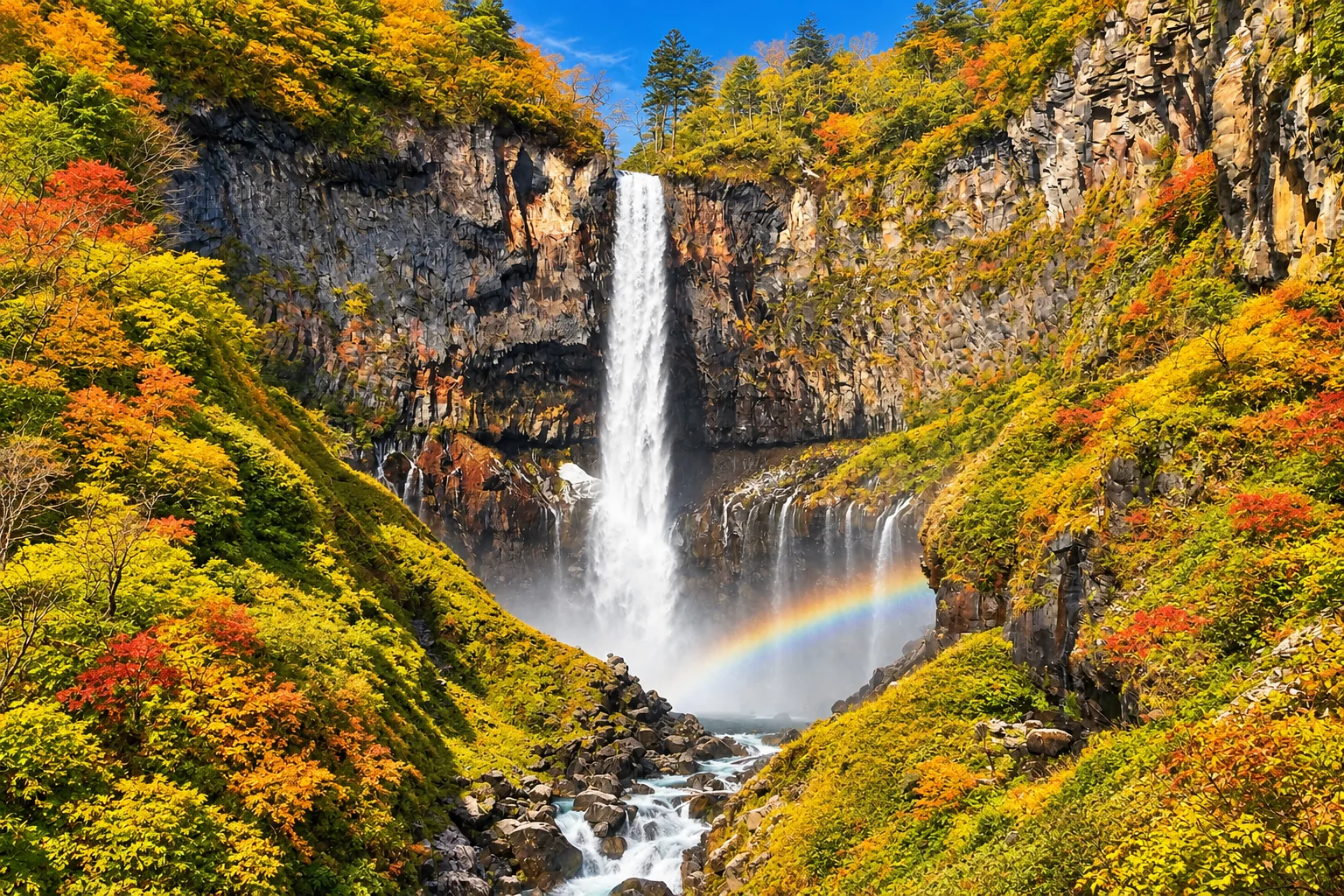 Kegon Falls dropping between steep cliffs surrounded by red, orange and yellow autumn foliage.