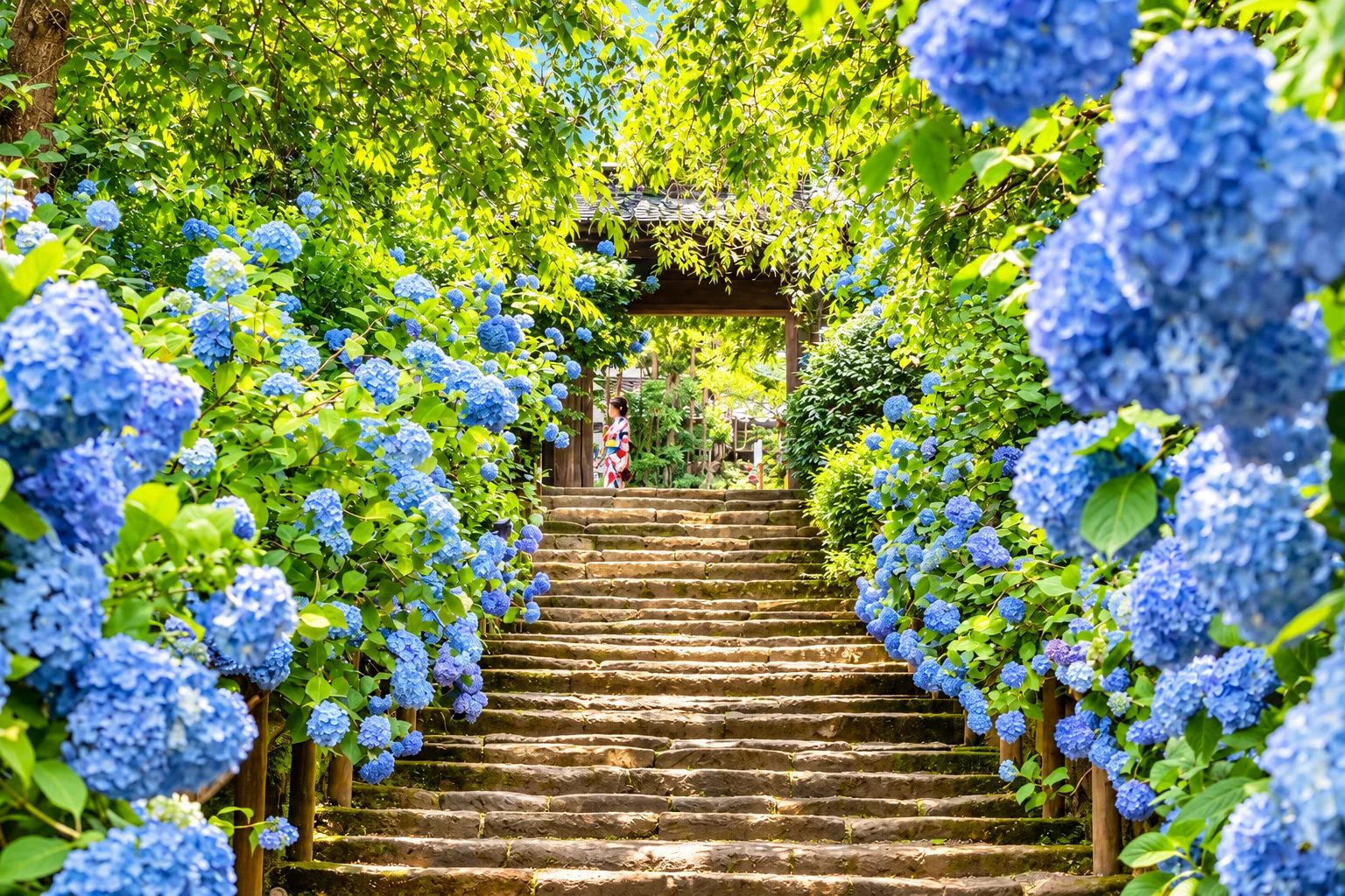 Stone steps lined with flowering blue hydrangeas in the gardens of Meigetsu-in in Kamakura.
