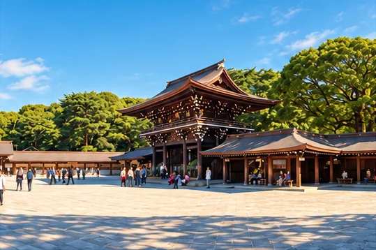 Visitors in a sunlit courtyard beside traditional shrine buildings at Meiji Shrine in Tokyo.