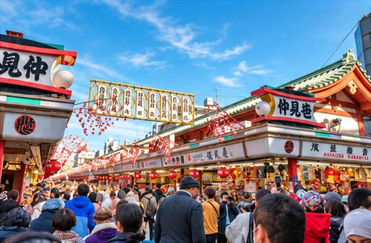 Visitors browsing the shops along Nakamise Street near Senso-ji Temple in Tokyo.