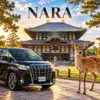Nara tour artwork with a black Toyota Alphard, two prominent sika deer and Todai-ji temple.