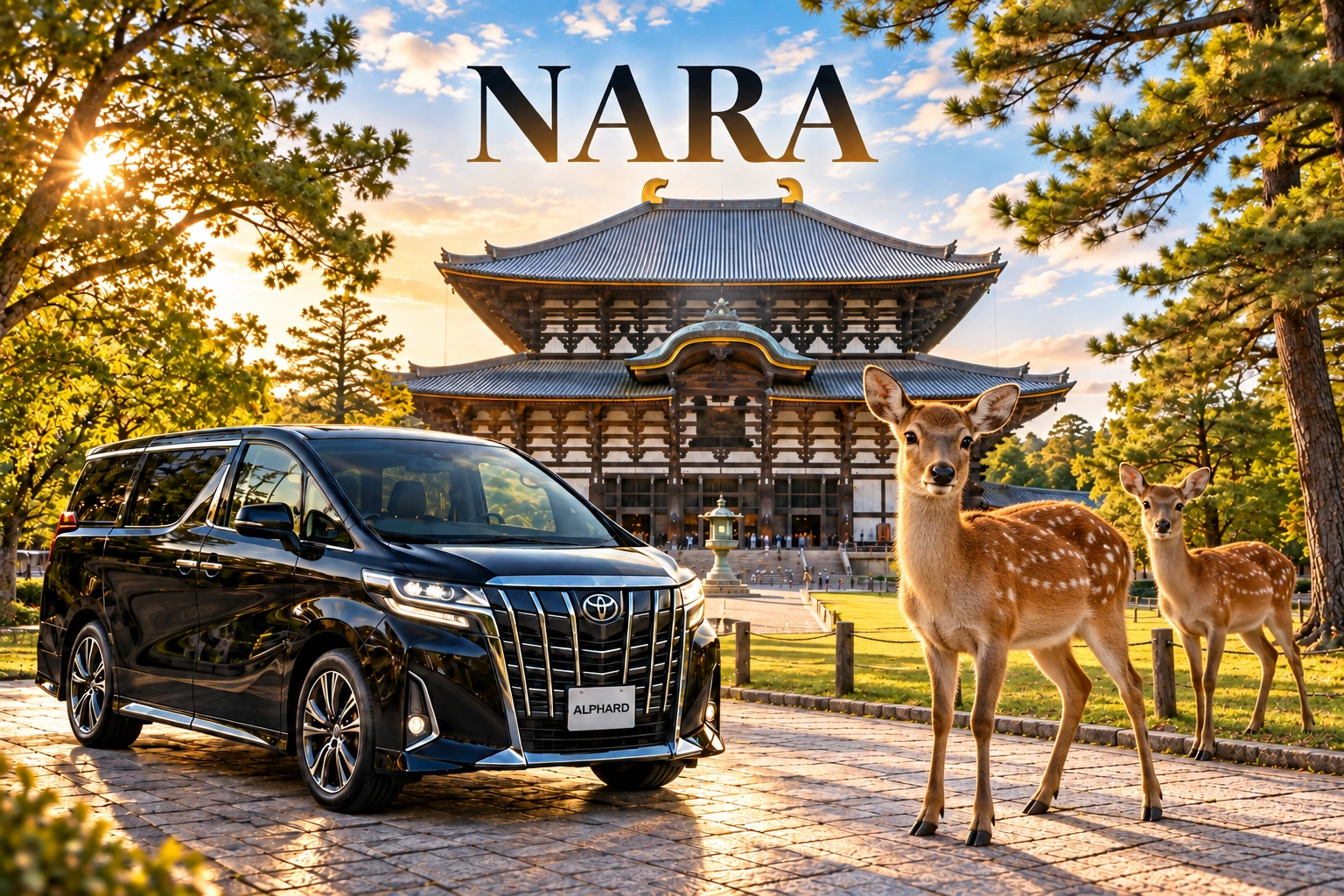 Nara tour artwork with a black Toyota Alphard, two prominent sika deer and Todai-ji temple.