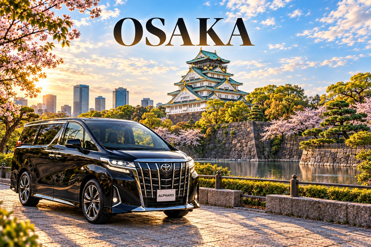 Osaka tour artwork with a black Toyota Alphard overlooking Osaka Castle and its moat.