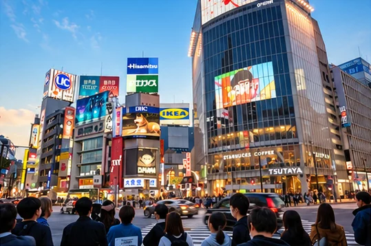 Crowds and illuminated advertising screens around Shibuya Crossing in Tokyo.