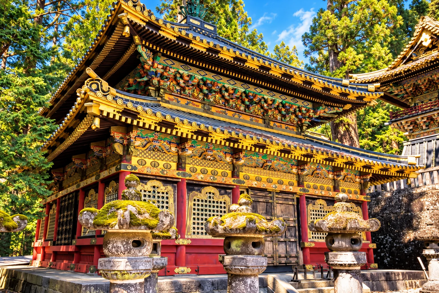 An ornate red and gold temple gate with decorative carvings and stone lanterns in Nikko.