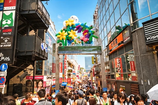 The colourful Takeshita Street entrance above a busy shopping street in Harajuku, Tokyo.