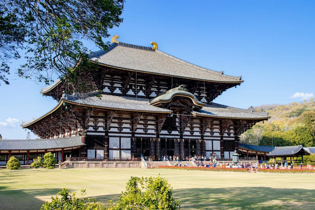 The broad wooden facade and curved roof of Todai-ji’s Great Buddha Hall in Nara.
