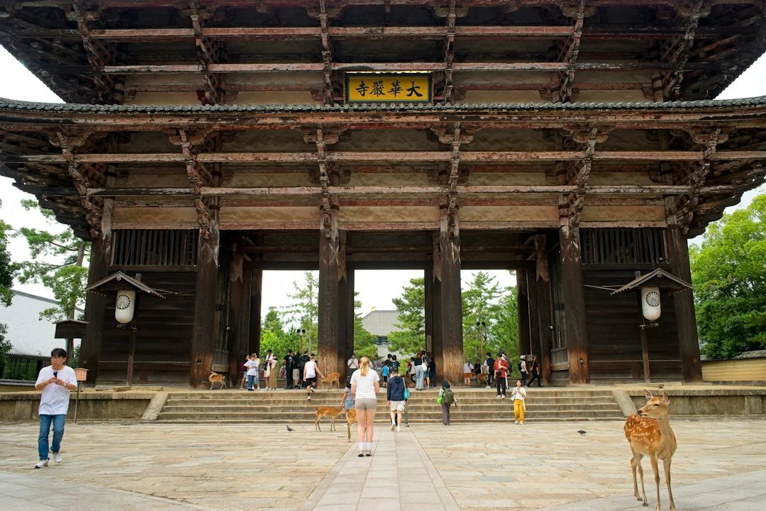 Deer and visitors beside the large wooden Nandaimon gate at Todai-ji in Nara.
