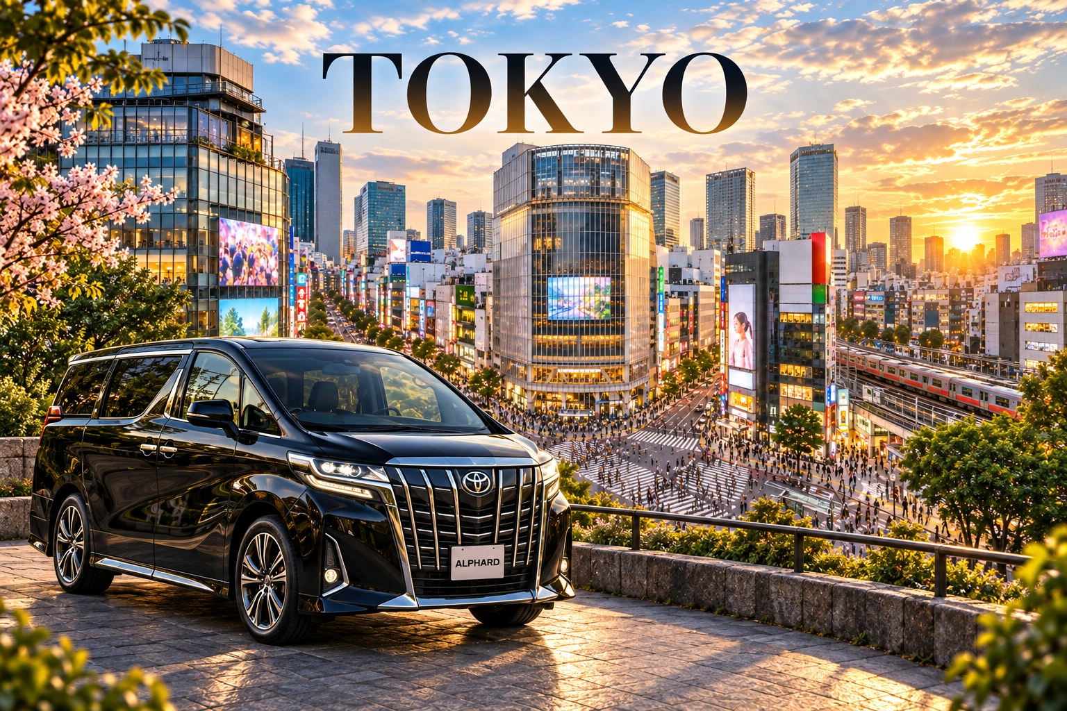 Tokyo private tour artwork with a black Toyota Alphard and the city skyline at sunset.
