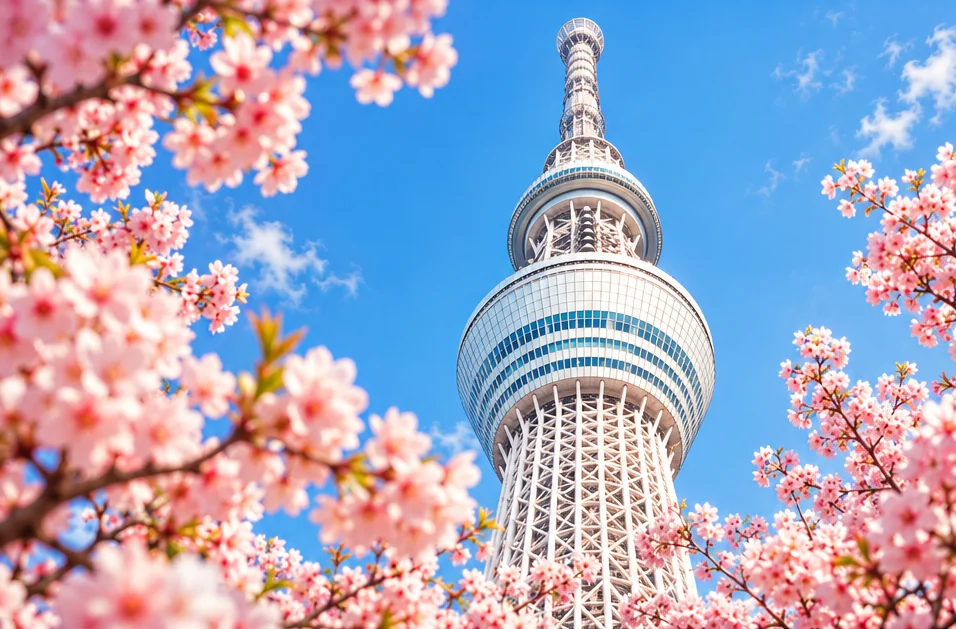 Tokyo Skytree seen from below, framed by pink cherry blossoms against a blue sky.