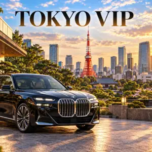 Tokyo VIP tour artwork with a black BMW 7 Series and Tokyo Tower at sunset.