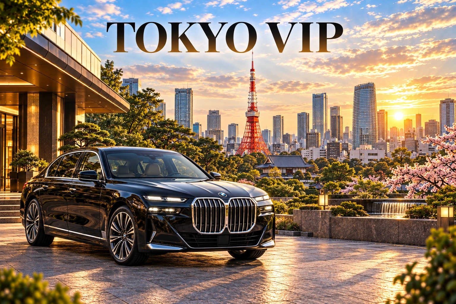 Tokyo VIP tour artwork with a black BMW 7 Series and Tokyo Tower at sunset.