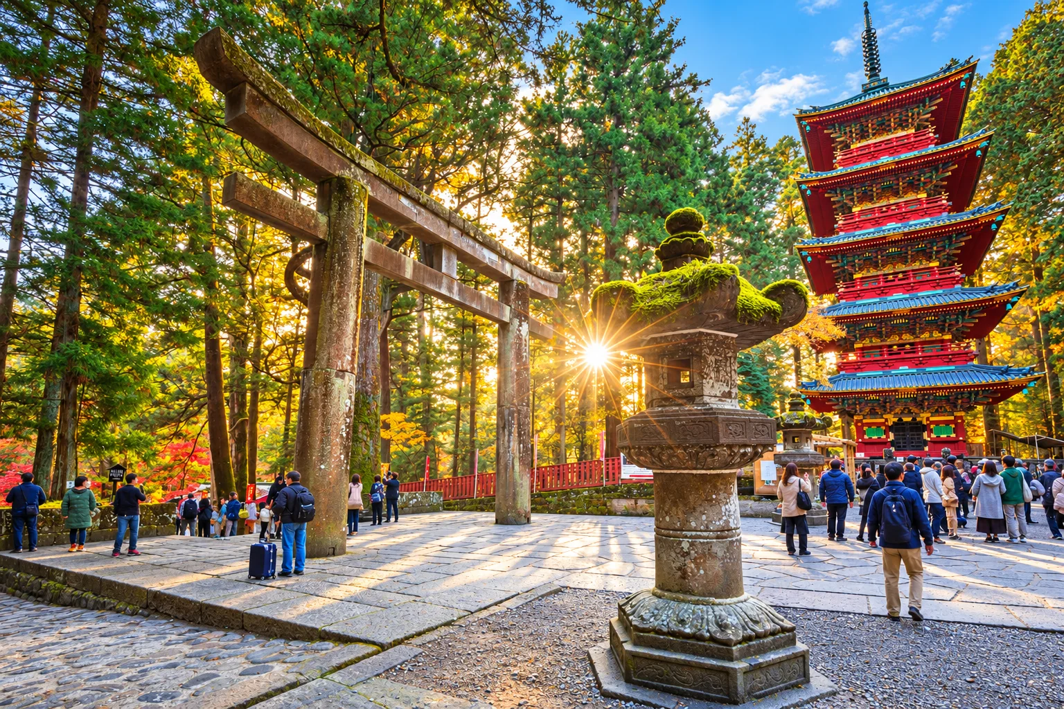 A five-storey red pagoda, stone torii gate and lantern among tall trees at Toshogu Shrine in Nikko.
