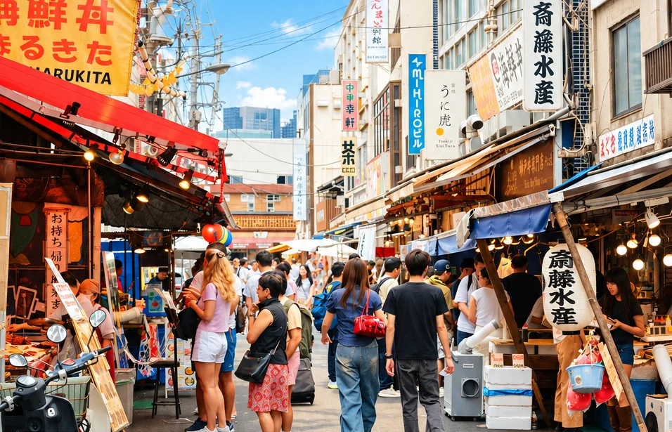 Shoppers walking between food stalls and shopfronts at Tsukiji Outer Market in Tokyo.