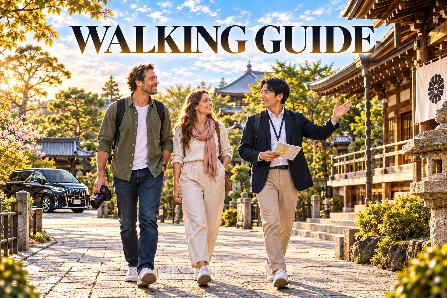 A private walking guide explaining Japanese temple sights to two guests, with a Toyota Alphard in the background.
