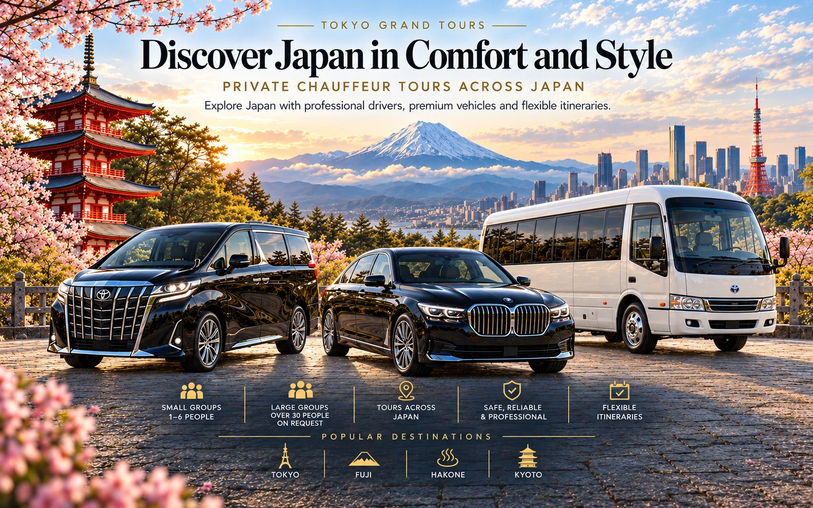 Discover Japan in comfort and style: Toyota Alphard, BMW 7 Series and Toyota Coaster private chauffeur and bus tours, with Mount Fuji, Tokyo Tower and a pagoda.
